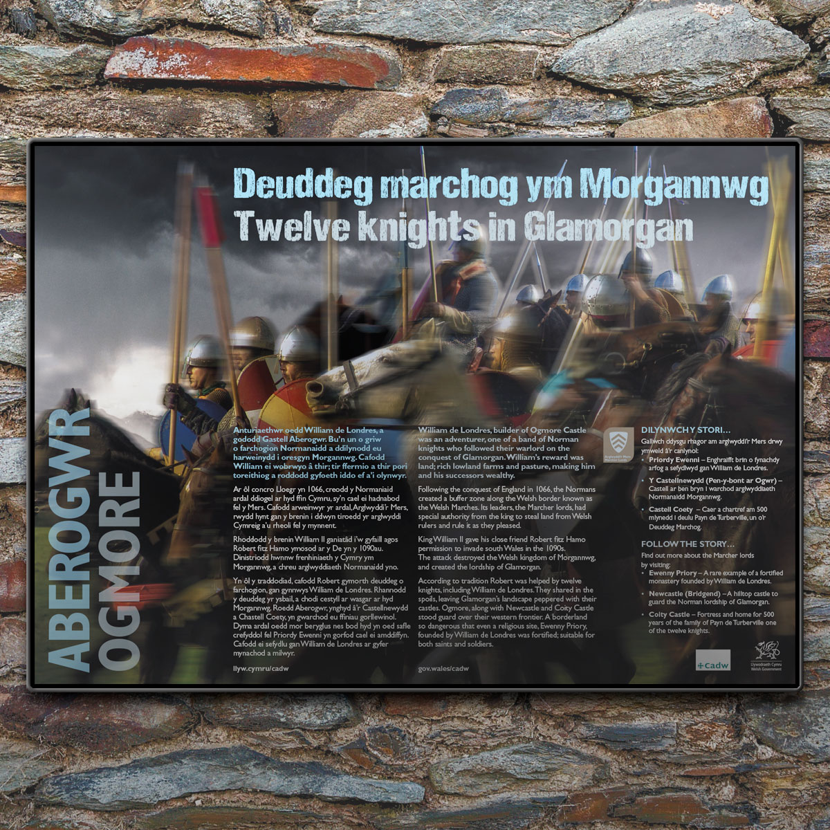 cadw_ogmore_interpretation_panel Unstaffed interpretation panel at Ogmore for cadw, Welsh Government
