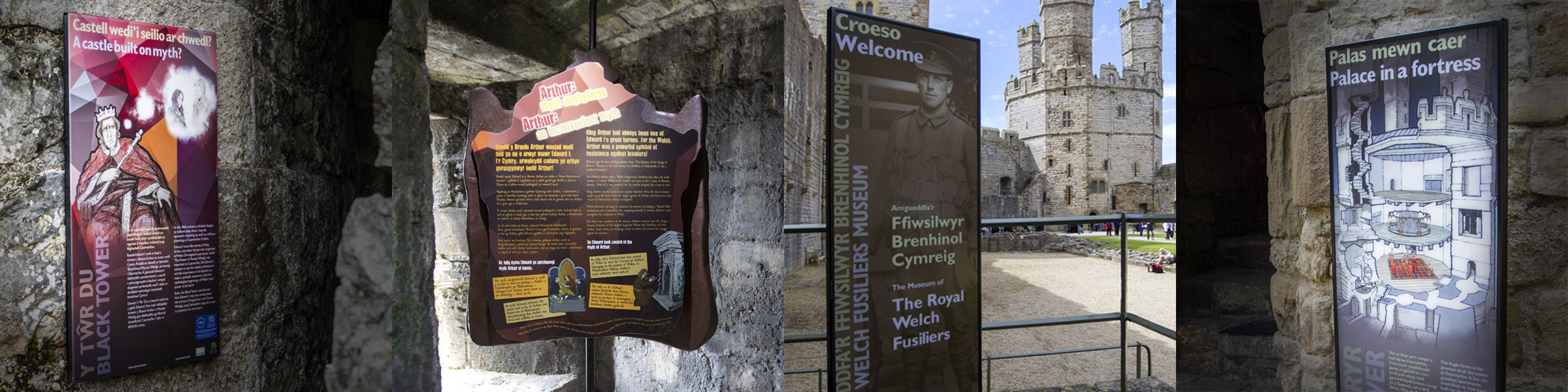 Montage of interpretation installations at Caernarfon Castle, Wales, for cadw Welsh Government