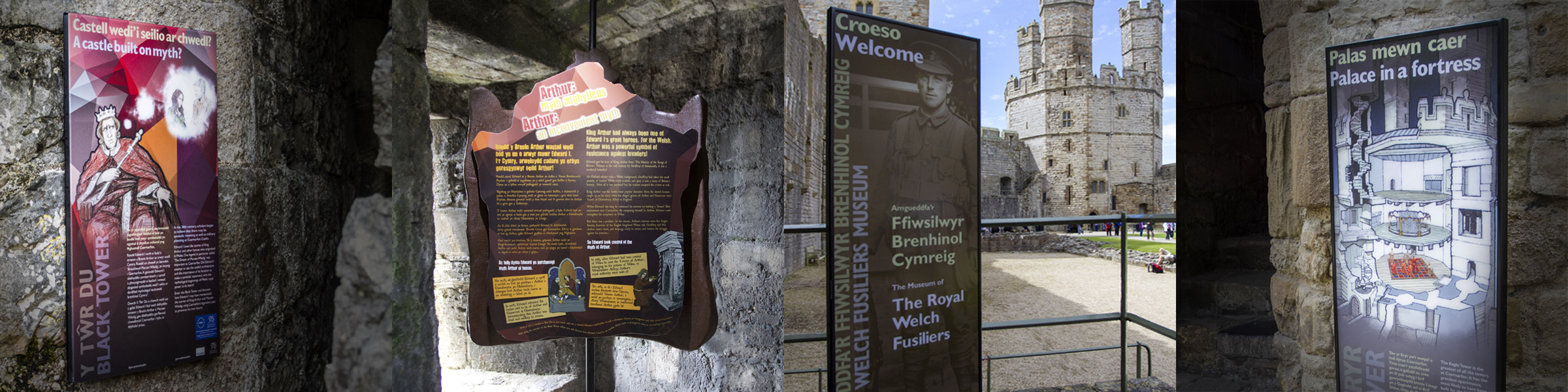caernarfon_castle_cadw_panels Montage of interpretation installations at Caernarfon Castle, Wales, for cadw Welsh Government