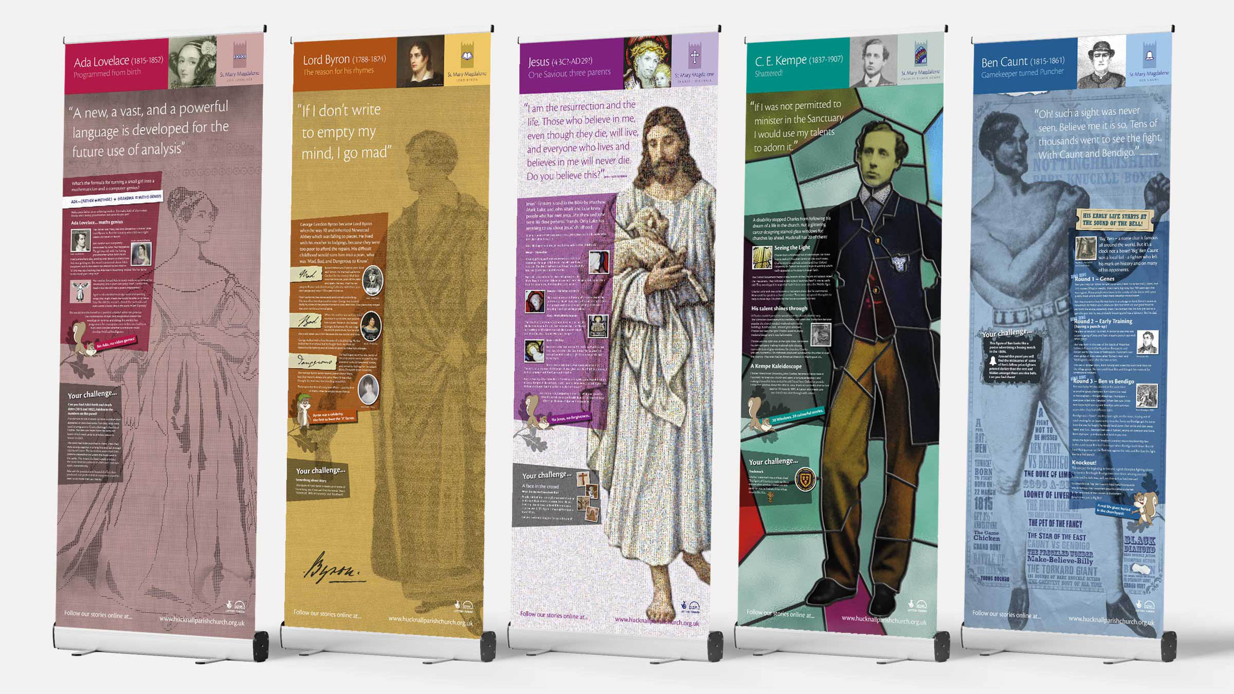 Suite of main theme character pull-up banner stands for St Mary Magdalene church, Hucknall