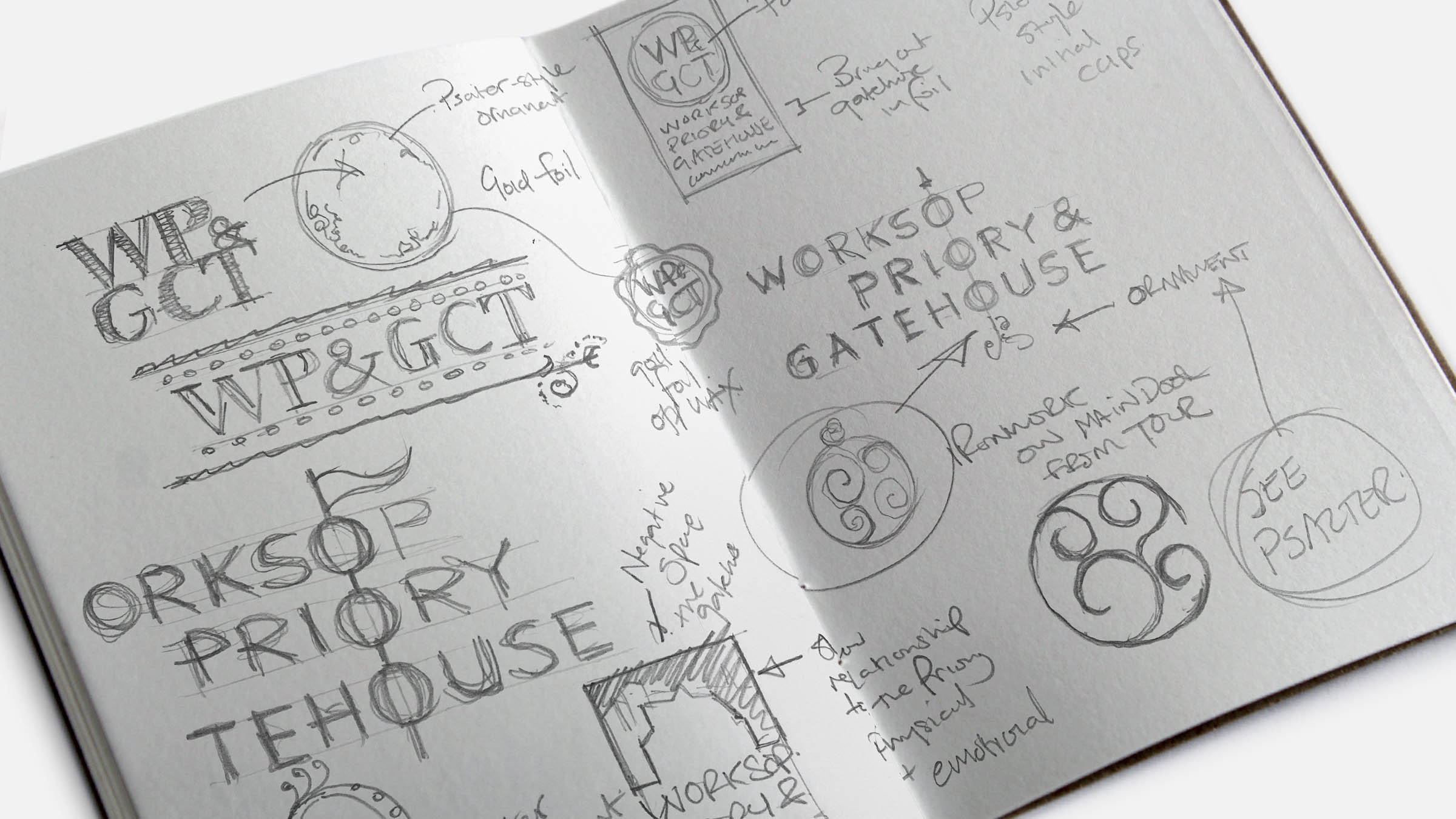 Sketched ideas for Worksop Priory & Gatehouse Community Trust identity logo design