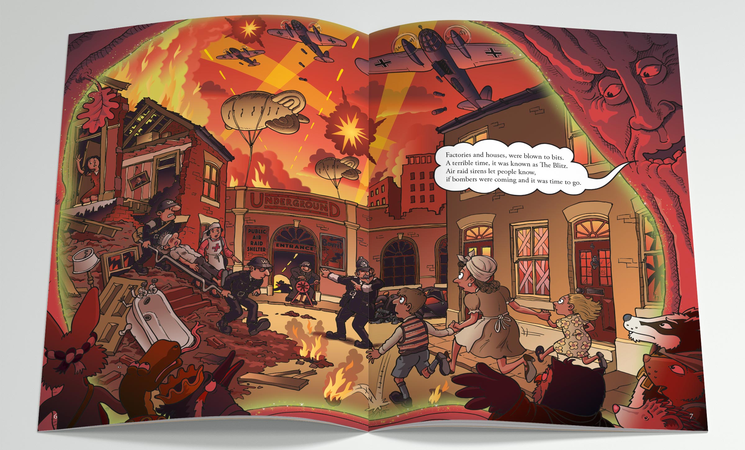 A sample spread from Robin Hood's Little Outlaws' second book, Evacuees