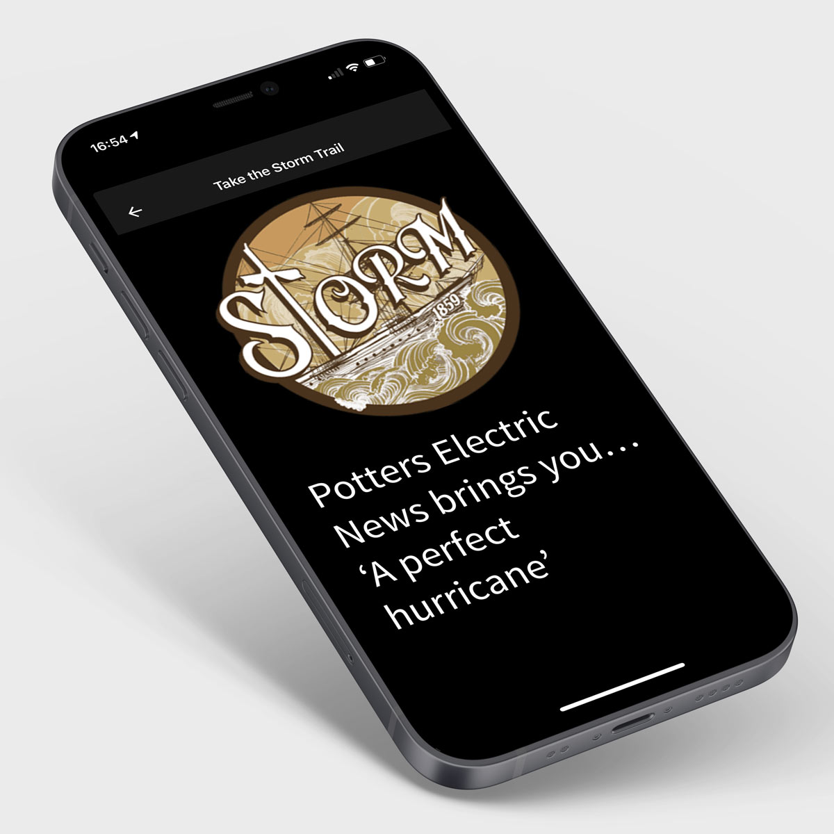 Mobile device showing the 'Storm' augmented reality experience as part of the Cadw app